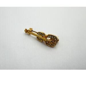 Vintage 80s Gold Tone Rhinestone Violin Cello Brooch Pin Musical Instrument